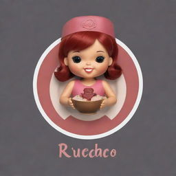 Create a logo featuring a doll holding a bowl of 'rubacao', topped with meat garnish, designed in such a way that it is appealing to customers.