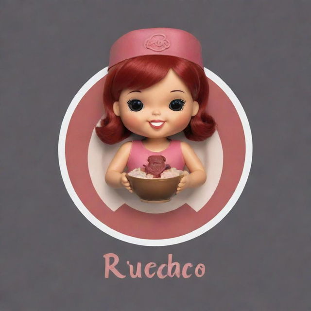 Create a logo featuring a doll holding a bowl of 'rubacao', topped with meat garnish, designed in such a way that it is appealing to customers.