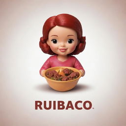 Create a logo featuring a doll holding a bowl of 'rubacao', topped with meat garnish, designed in such a way that it is appealing to customers.