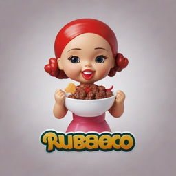 Create a logo featuring a doll holding a bowl of 'rubacao', topped with meat garnish, designed in such a way that it is appealing to customers.