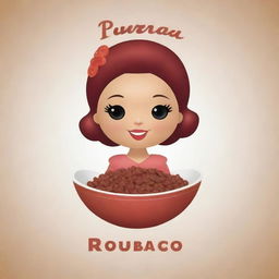 Create a logo featuring a doll holding a bowl of 'rubacao', topped with meat garnish, designed in such a way that it is appealing to customers.