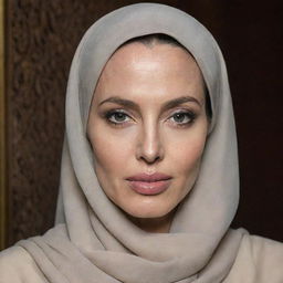 A respectful portrayal of Hollywood actress Angelina Jolie wearing a tasteful and elegant Hijab, highlighting her distinctive beauty while embracing Islamic culture