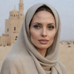 A respectful portrayal of Hollywood actress Angelina Jolie wearing a tasteful and elegant Hijab, highlighting her distinctive beauty while embracing Islamic culture