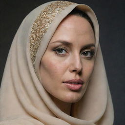 A respectful portrayal of Hollywood actress Angelina Jolie wearing a tasteful and elegant Hijab, highlighting her distinctive beauty while embracing Islamic culture