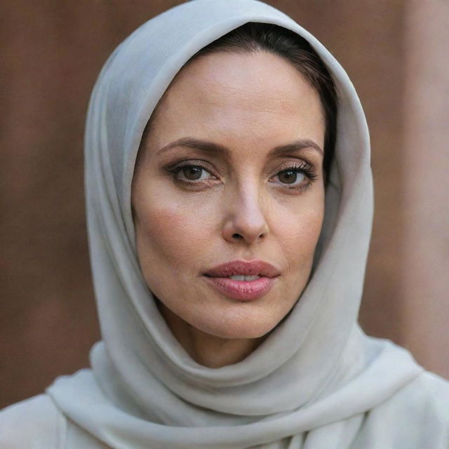 A respectful portrayal of Hollywood actress Angelina Jolie wearing a tasteful and elegant Hijab, highlighting her distinctive beauty while embracing Islamic culture