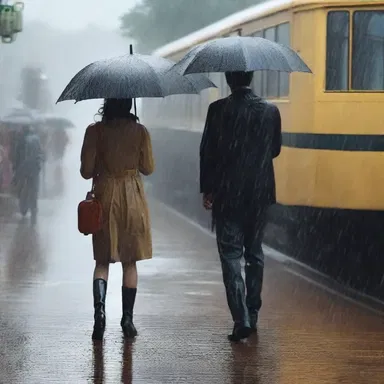 In a cinematic moment, the protagonist ran through the pouring rain to catch the love of their life just in time before they boarded the train.