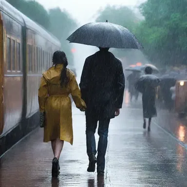In a cinematic moment, the protagonist ran through the pouring rain to catch the love of their life just in time before they boarded the train.