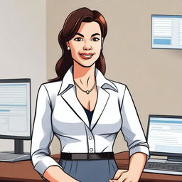 A high-quality digital illustration of a professional woman in an office setting