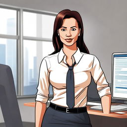 A high-quality digital illustration of a professional woman in an office setting