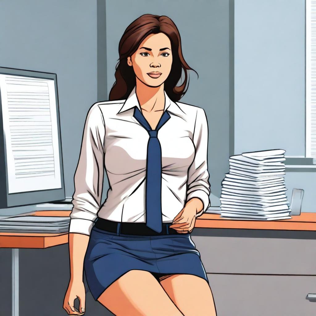 A high-quality digital illustration of a professional woman in an office setting