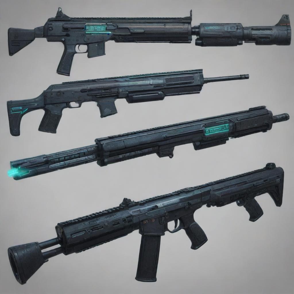 Cyberpunk-style firearms, exhibiting high-tech, dystopian themes, neon illuminations, digital interfaces, and advanced materials