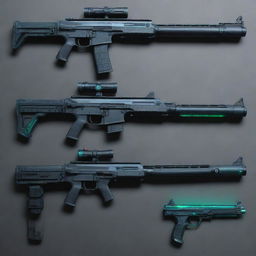 Cyberpunk-style firearms, exhibiting high-tech, dystopian themes, neon illuminations, digital interfaces, and advanced materials