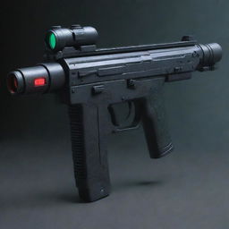 Cyberpunk-style firearms, exhibiting high-tech, dystopian themes, neon illuminations, digital interfaces, and advanced materials