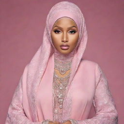 A reimagined Nicki Minaj in traditional Muslim attire, her iconic vibrancy melded with the elegance of a fashionable hijab, creating a harmonious blend of her individual style and Islamic culture