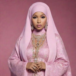 A reimagined Nicki Minaj in traditional Muslim attire, her iconic vibrancy melded with the elegance of a fashionable hijab, creating a harmonious blend of her individual style and Islamic culture