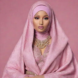 A reimagined Nicki Minaj in traditional Muslim attire, her iconic vibrancy melded with the elegance of a fashionable hijab, creating a harmonious blend of her individual style and Islamic culture