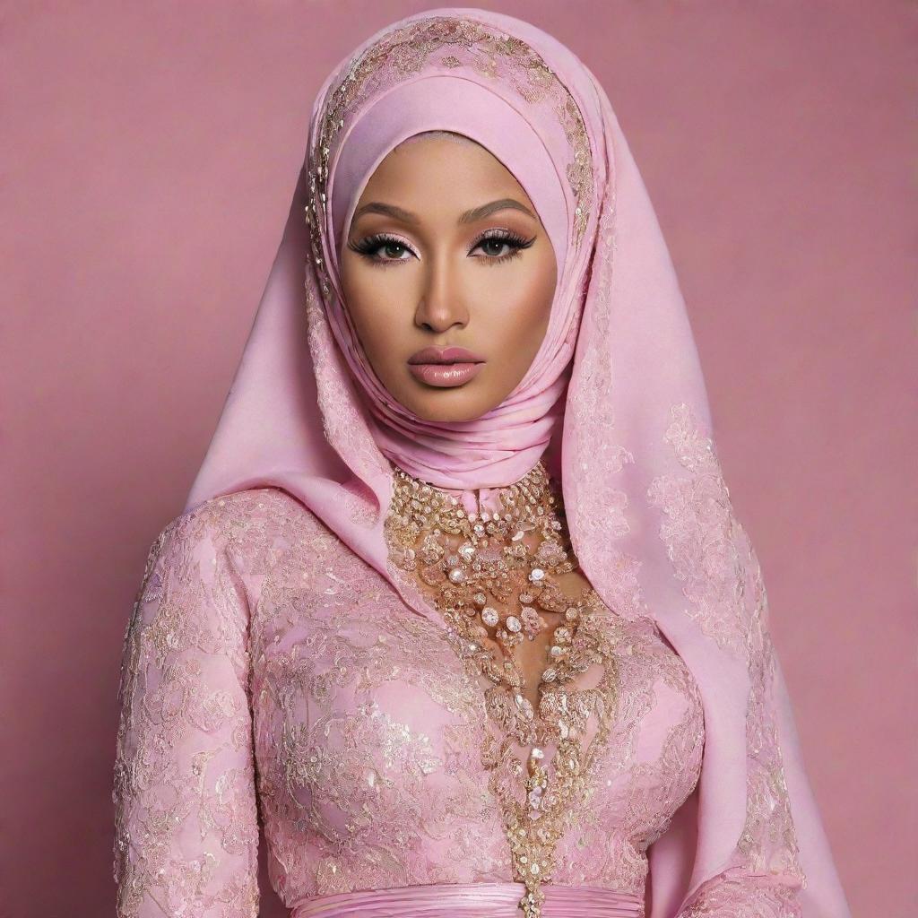 A reimagined Nicki Minaj in traditional Muslim attire, her iconic vibrancy melded with the elegance of a fashionable hijab, creating a harmonious blend of her individual style and Islamic culture