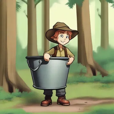 As the character journeyed through the forest, he stumbled upon an old bucket with missing lags.