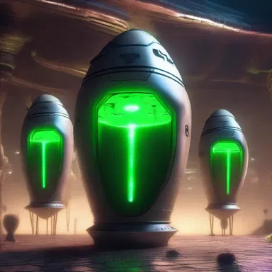 The alien spaceship had peculiar barrels with glowing lags, giving them an otherworldly appearance.