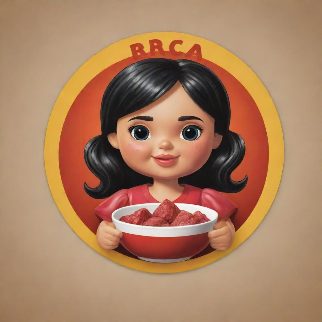 Create a logo featuring a dark-haired doll holding a bowl filled with 'rubacão' and meat on top, appealing to customers. The logo should be inviting, vibrant, and enticing, representing 'Sra Rubacão'.