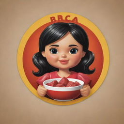 Create a logo featuring a dark-haired doll holding a bowl filled with 'rubacão' and meat on top, appealing to customers. The logo should be inviting, vibrant, and enticing, representing 'Sra Rubacão'.