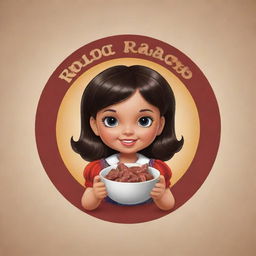 Create a logo featuring a dark-haired doll holding a bowl filled with 'rubacão' and meat on top, appealing to customers. The logo should be inviting, vibrant, and enticing, representing 'Sra Rubacão'.