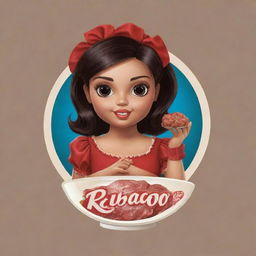 Create a logo featuring a dark-haired doll holding a bowl filled with 'rubacão' and meat on top, appealing to customers. The logo should be inviting, vibrant, and enticing, representing 'Sra Rubacão'.