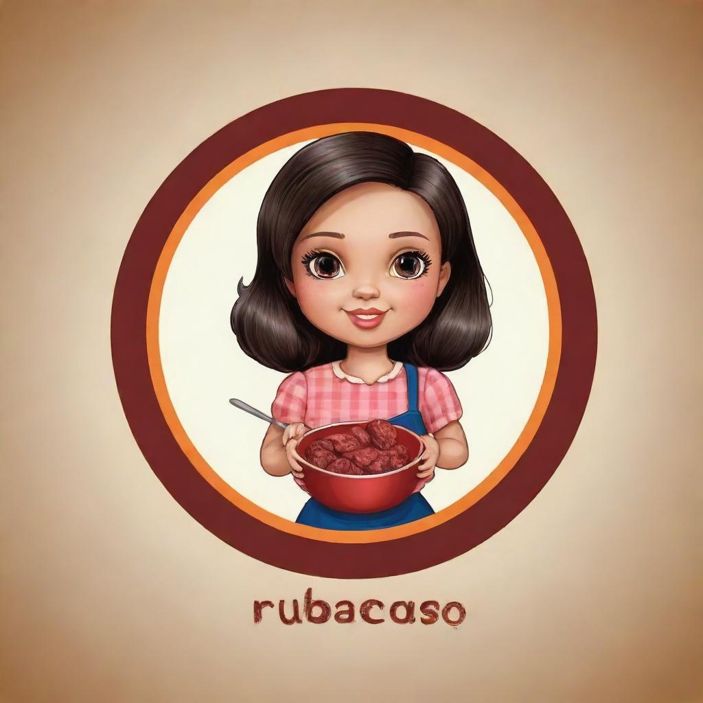 Create a logo featuring a dark-haired doll holding a bowl filled with 'rubacão' and meat on top, appealing to customers. The logo should be inviting, vibrant, and enticing, representing 'Sra Rubacão'.