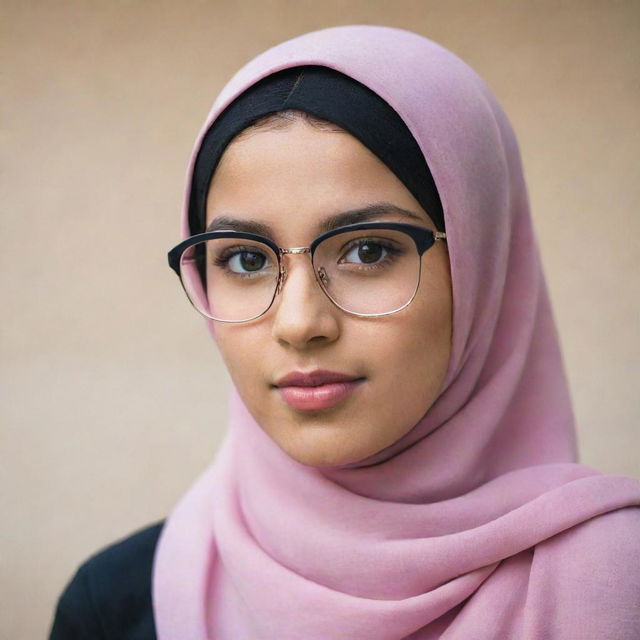 A young girl wearing a stylish hijab and a pair of modern glasses