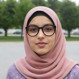 A young girl wearing a stylish hijab and a pair of modern glasses