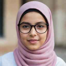 A young girl wearing a stylish hijab and a pair of modern glasses