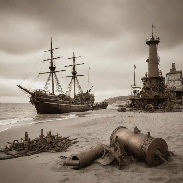 A steampunk-style beach scene, with 19th-century industrial machinery elements, steam-powered sailing ships, brass and copper beach gear, under a sepia-tinted sky.