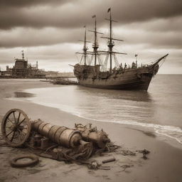 A steampunk-style beach scene, with 19th-century industrial machinery elements, steam-powered sailing ships, brass and copper beach gear, under a sepia-tinted sky.