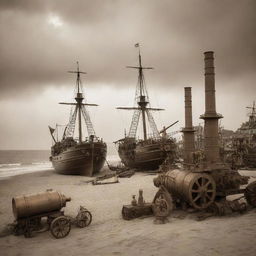 A steampunk-style beach scene, with 19th-century industrial machinery elements, steam-powered sailing ships, brass and copper beach gear, under a sepia-tinted sky.