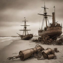 A steampunk-style beach scene, with 19th-century industrial machinery elements, steam-powered sailing ships, brass and copper beach gear, under a sepia-tinted sky.