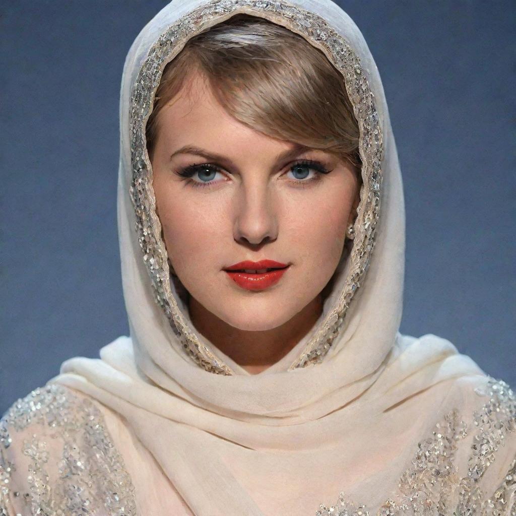 Pop star Taylor Swift encompassing Islamic tradition, beautifully adorned in a modest yet stylish hijab, merging her unique charm with the elegance of Muslim culture