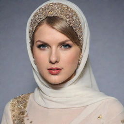 Pop star Taylor Swift encompassing Islamic tradition, beautifully adorned in a modest yet stylish hijab, merging her unique charm with the elegance of Muslim culture