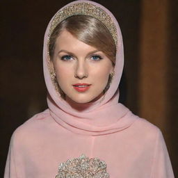 Pop star Taylor Swift encompassing Islamic tradition, beautifully adorned in a modest yet stylish hijab, merging her unique charm with the elegance of Muslim culture