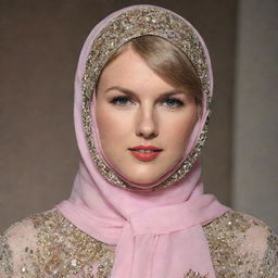 Pop star Taylor Swift encompassing Islamic tradition, beautifully adorned in a modest yet stylish hijab, merging her unique charm with the elegance of Muslim culture