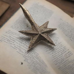 A finely detailed pen standing upright on an open book, with an intricate star tending to sparkle at the very tip of the pen.