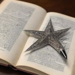 A finely detailed pen standing upright on an open book, with an intricate star tending to sparkle at the very tip of the pen.