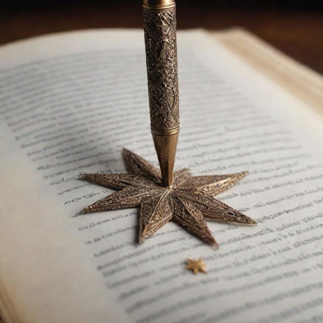 A finely detailed pen standing upright on an open book, with an intricate star tending to sparkle at the very tip of the pen.