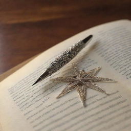 A finely detailed pen standing upright on an open book, with an intricate star tending to sparkle at the very tip of the pen.