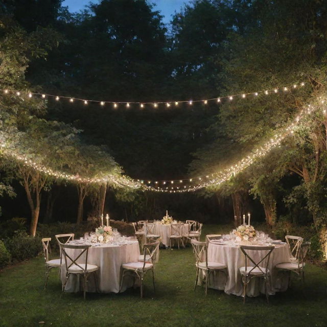 An elegant wedding reception occurring in an enchanting backyard amidst lush greenery, adorned with twinkling fairy lights and beautifully decorated tables.