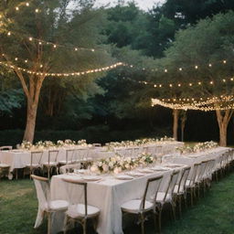 An elegant wedding reception occurring in an enchanting backyard amidst lush greenery, adorned with twinkling fairy lights and beautifully decorated tables.