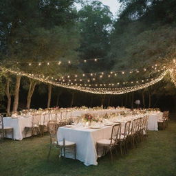 An elegant wedding reception occurring in an enchanting backyard amidst lush greenery, adorned with twinkling fairy lights and beautifully decorated tables.