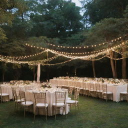 An elegant wedding reception occurring in an enchanting backyard amidst lush greenery, adorned with twinkling fairy lights and beautifully decorated tables.