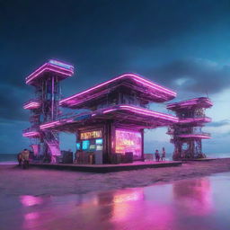 An electropunk-style beach scene featuring futuristic digital structures, neon-lit beach gear, electronic seascapes under a sky streaked with vibrant digits