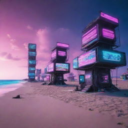 An electropunk-style beach scene featuring futuristic digital structures, neon-lit beach gear, electronic seascapes under a sky streaked with vibrant digits