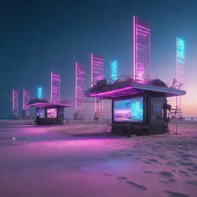 An electropunk-style beach scene featuring futuristic digital structures, neon-lit beach gear, electronic seascapes under a sky streaked with vibrant digits